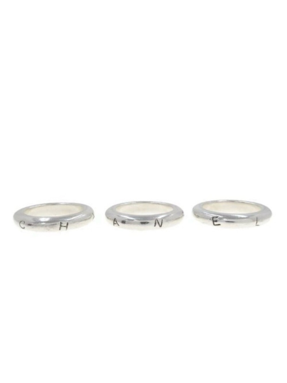 Auth RARE CHANEL 3 Silver Ring bands SPELL OUT logo Letters TRIO size US 5 6